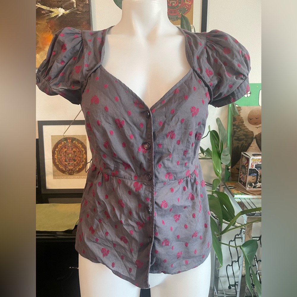 Anthropologie Gray and Pink Button-Up Embroidered Floral Cotton Blouse Top sz 4